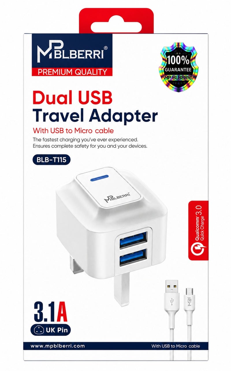 mpBLBERRI Dual USB Wall Charger 2.4A Fast Charging Adapter with Micro USB Cable – 2 Port UK Plug Travel Charger for Android Devices - Image 2