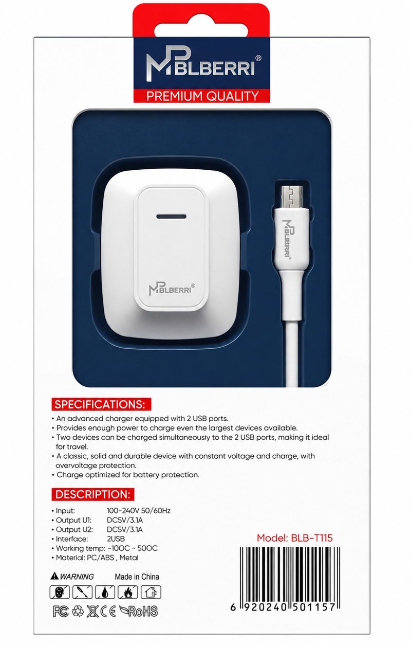 mpBLBERRI Dual USB Wall Charger 2.4A Fast Charging Adapter with Micro USB Cable – 2 Port UK Plug Travel Charger for Android Devices - Image 3