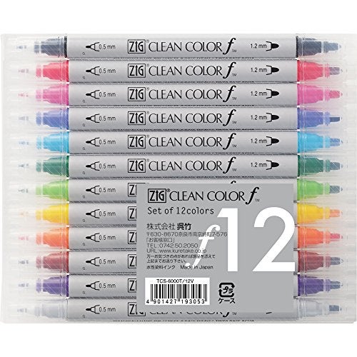 Zig Kuretake Zig Twin Tip Marker Clean Color f, 12 Color Set (TCS-6000T/12V) - Image 1