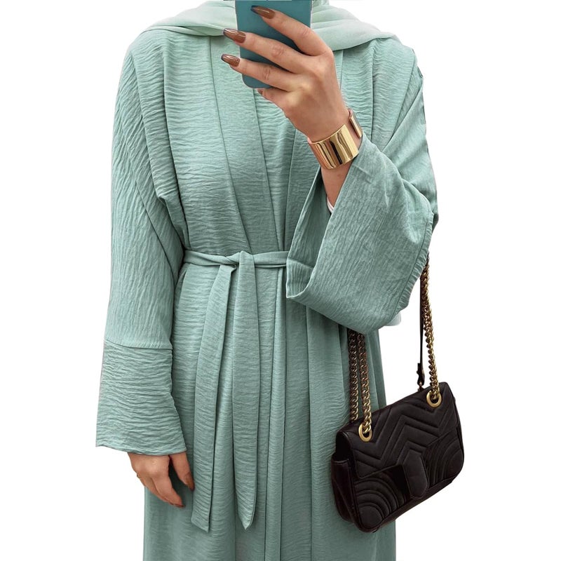 khalat 2PCS Women's Muslim Dresses Abaya Islamic Dubai Prayer Dress Robe Long Cardigan Maxi Dress Light Green - Image 4