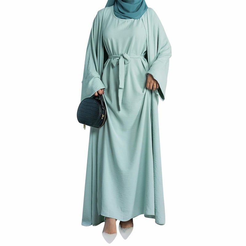 khalat 2PCS Women's Muslim Dresses Abaya Islamic Dubai Prayer Dress Robe Long Cardigan Maxi Dress Light Green - Image 1