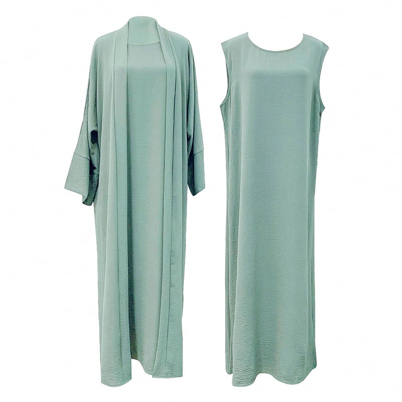 khalat 2PCS Women's Muslim Dresses Abaya Islamic Dubai Prayer Dress Robe Long Cardigan Maxi Dress Light Green - Image 5
