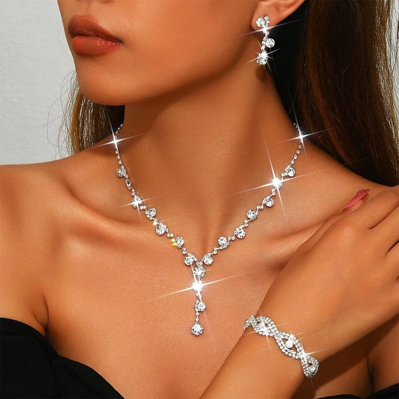 Unicra Silver Wedding Jewelry Sets Bridal Rhinestone Necklace Earrings Bracelet Set Formal Prom Costume Jewelry Set for Women and Brides (A-Silver) - Image 3