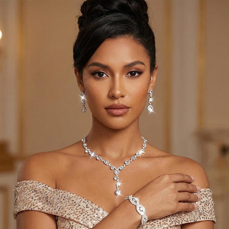 Unicra Silver Wedding Jewelry Sets Bridal Rhinestone Necklace Earrings Bracelet Set Formal Prom Costume Jewelry Set for Women and Brides (A-Silver) - Image 5