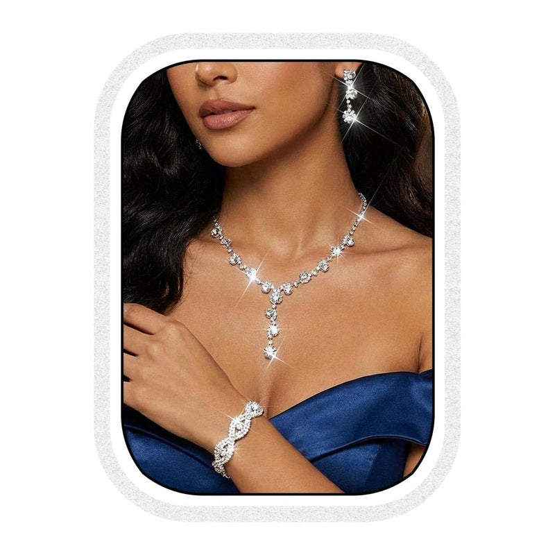 Unicra Silver Wedding Jewelry Sets Bridal Rhinestone Necklace Earrings Bracelet Set Formal Prom Costume Jewelry Set for Women and Brides (A-Silver) - Image 1