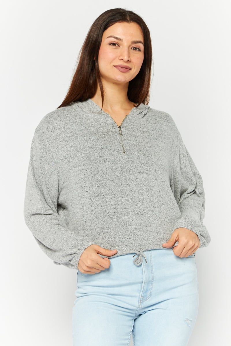 BRAVE SOUL Women Hooded Long Sleeve Solid Sweatshirt, Grey - Image 1