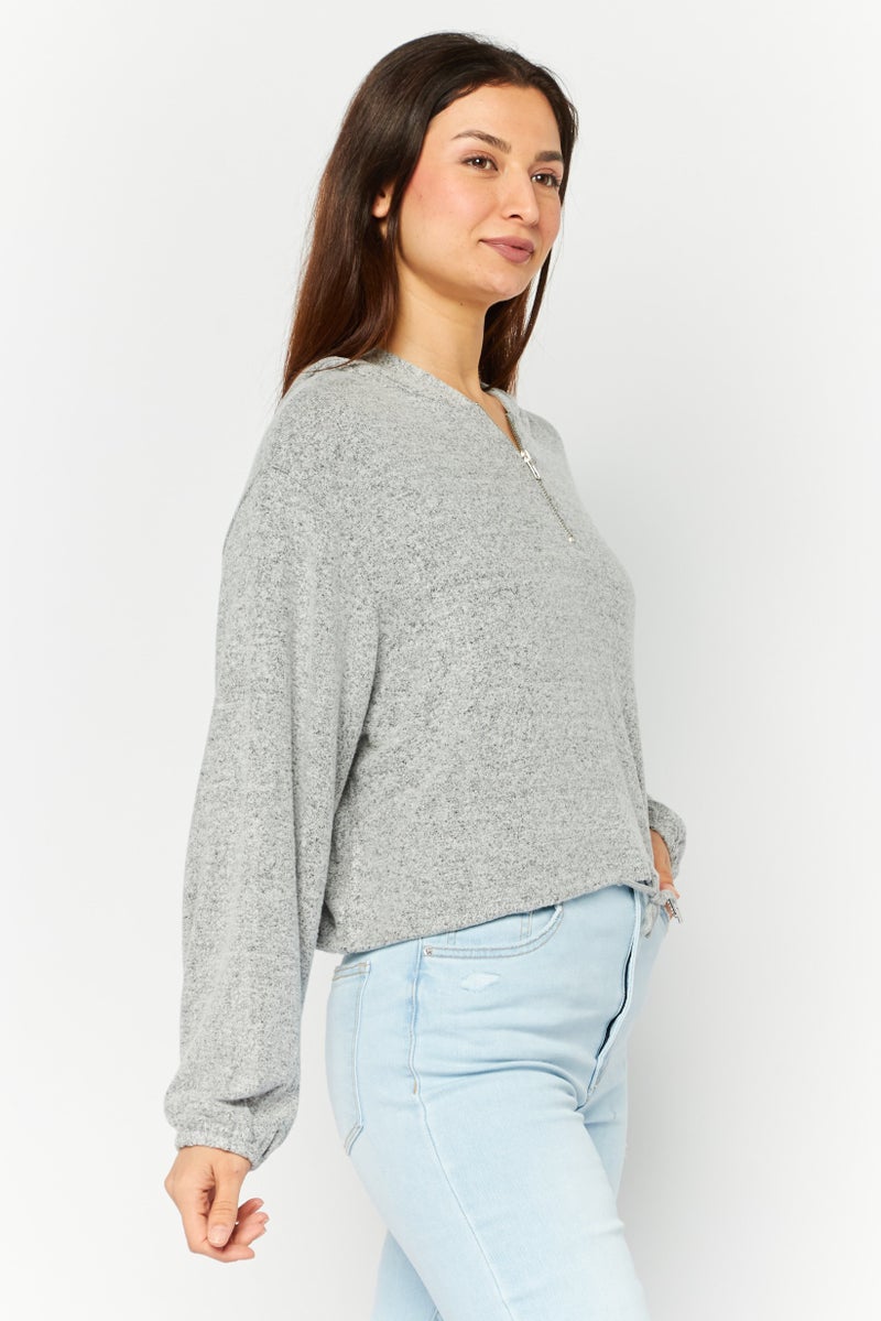 BRAVE SOUL Women Hooded Long Sleeve Solid Sweatshirt, Grey - Image 3