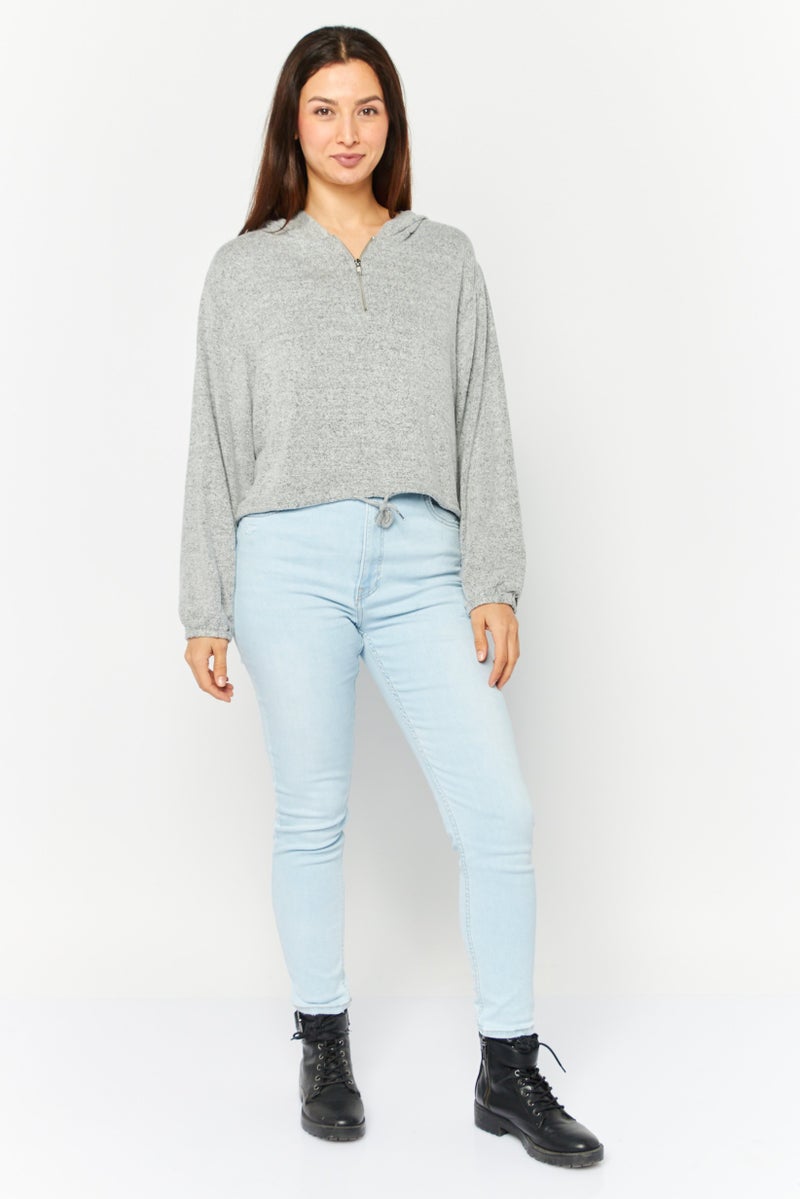 BRAVE SOUL Women Hooded Long Sleeve Solid Sweatshirt, Grey - Image 2