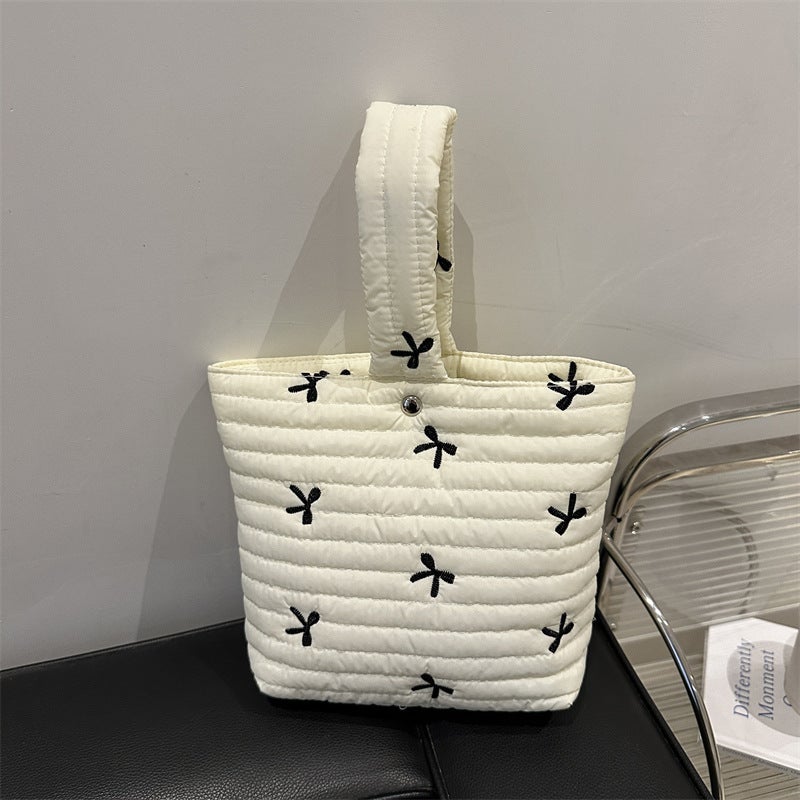 Fashion Small Fresh Casual Bow Embroidered Handbag Style Cute Portable Bucket Bag - Image 4