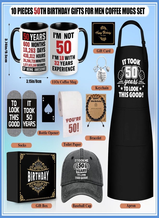 NVTROVI 50th Birthday Gifts for Men Coffee Mug Set, 50th Birthday Party Supplies, Turning 50 Gift with 11 Oz Ceramic Cup Baseball Cap Apron Sock Bracelet Toilet Paper Keychain for Him, Dad, Husband, Friends - Image 3