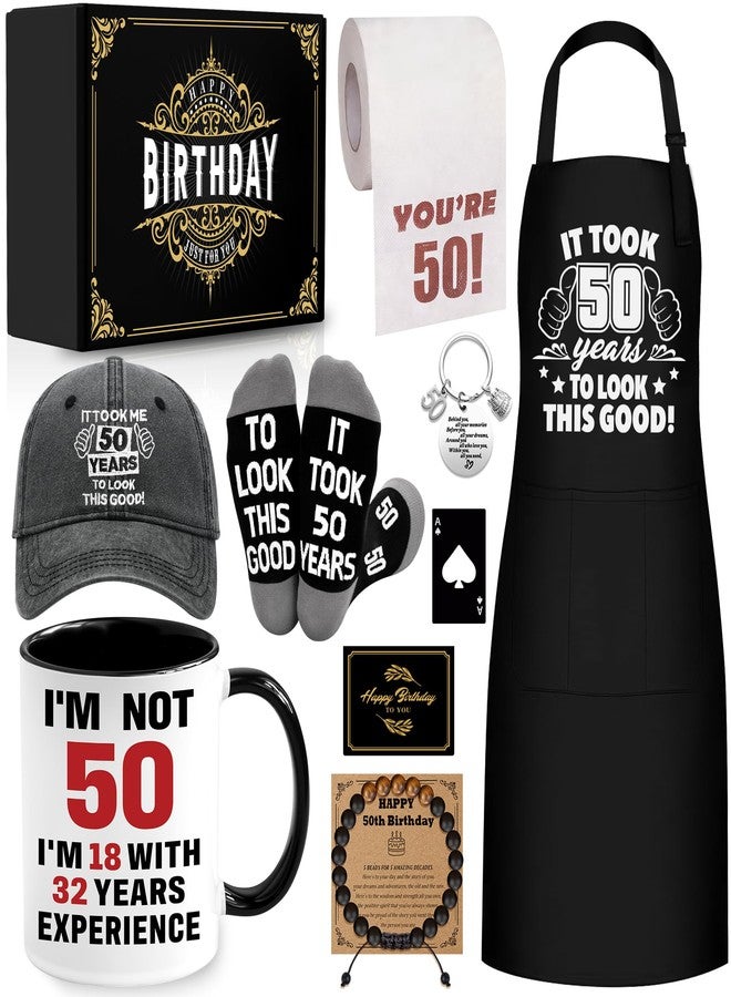 NVTROVI 50th Birthday Gifts for Men Coffee Mug Set, 50th Birthday Party Supplies, Turning 50 Gift with 11 Oz Ceramic Cup Baseball Cap Apron Sock Bracelet Toilet Paper Keychain for Him, Dad, Husband, Friends - Image 1