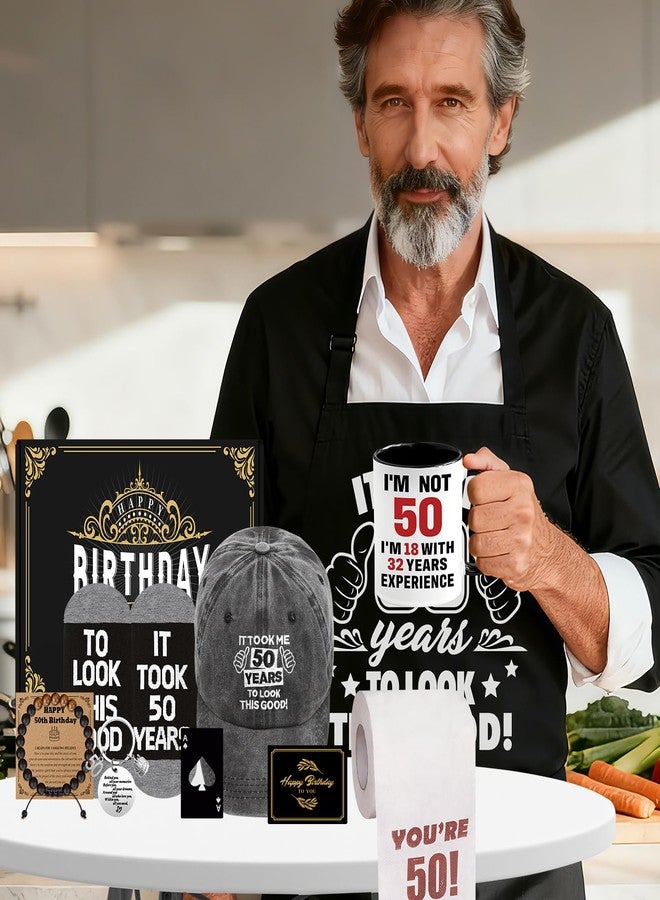 NVTROVI 50th Birthday Gifts for Men Coffee Mug Set, 50th Birthday Party Supplies, Turning 50 Gift with 11 Oz Ceramic Cup Baseball Cap Apron Sock Bracelet Toilet Paper Keychain for Him, Dad, Husband, Friends - Image 2
