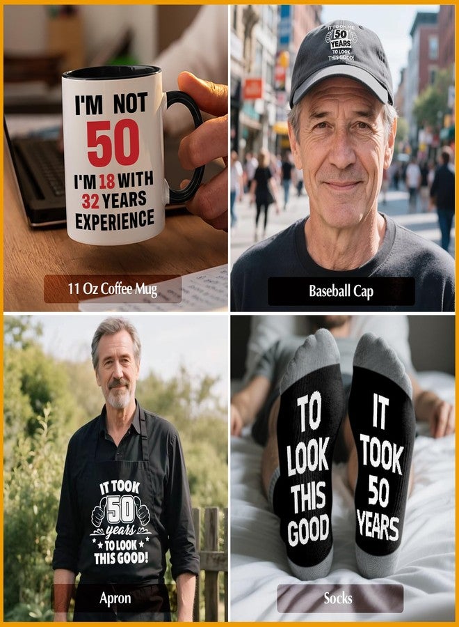 NVTROVI 50th Birthday Gifts for Men Coffee Mug Set, 50th Birthday Party Supplies, Turning 50 Gift with 11 Oz Ceramic Cup Baseball Cap Apron Sock Bracelet Toilet Paper Keychain for Him, Dad, Husband, Friends - Image 5