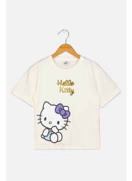 Kids Girl Crew Neck Short Sleeves Kitty Print Top, Off White