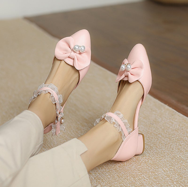 2023 Spring And Low Heel Lace 28-43 Size Size Pointed Pearl Hollow Sandals - Image 5