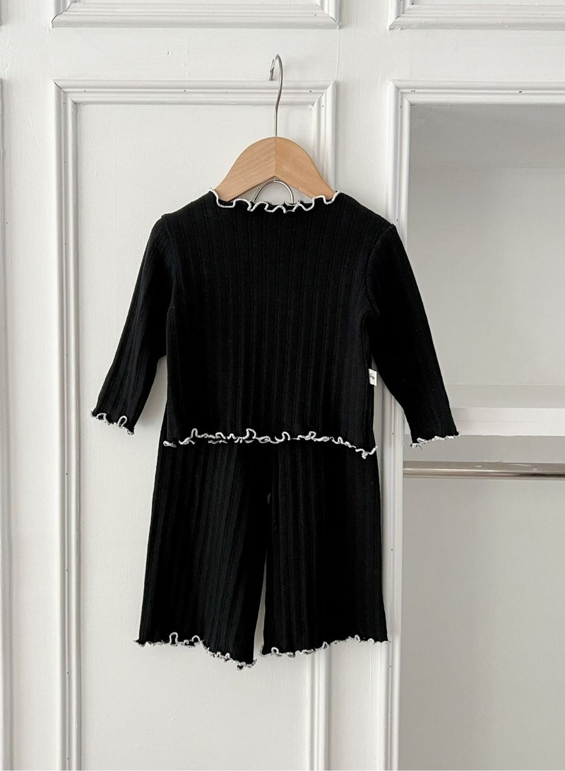 Baby Home Clothing Set, Female Baby Striped Cute Lace Long Sleeve Baby Two Piece Set - Image 1