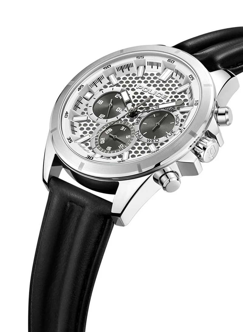 POLICE Police Malawi Hybrid Quartz Automatic Movement Black and Silver Dial with Leather Strap Watch for Men - PEWJF2204104, Black