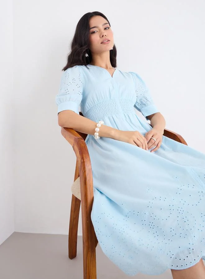 Styli Styli Women Light Blue Schiffli V Neck A-Line Mid Dress