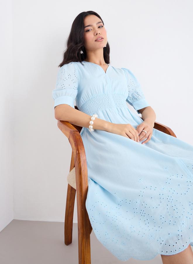 Styli Women Light Blue Schiffli V Neck A-Line Mid Dress - Image 3