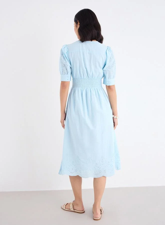 Styli Styli Women Light Blue Schiffli V Neck A-Line Mid Dress