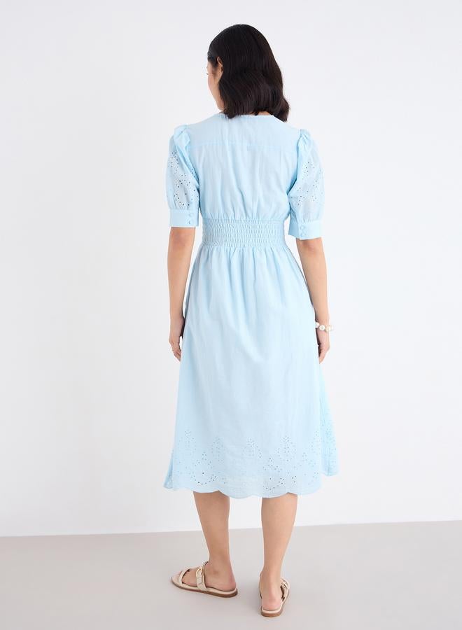 Styli Women Light Blue Schiffli V Neck A-Line Mid Dress - Image 5