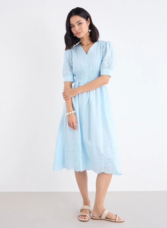 Styli Styli Women Light Blue Schiffli V Neck A-Line Mid Dress