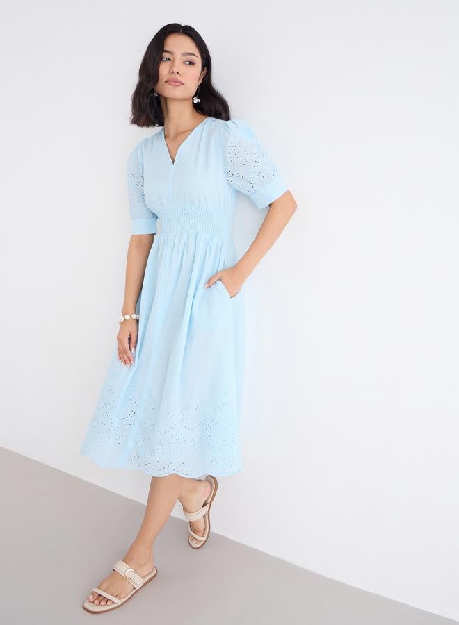 Styli Women Light Blue Schiffli V Neck A-Line Mid Dress - Image 1