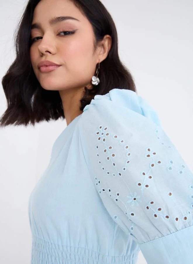 Styli Styli Women Light Blue Schiffli V Neck A-Line Mid Dress