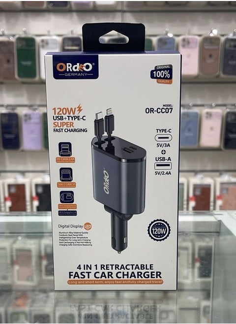 Car Charger Contains 2 charging cables 1 iPhone 1 Type C 1 USB port 1 Type C port 120 watts