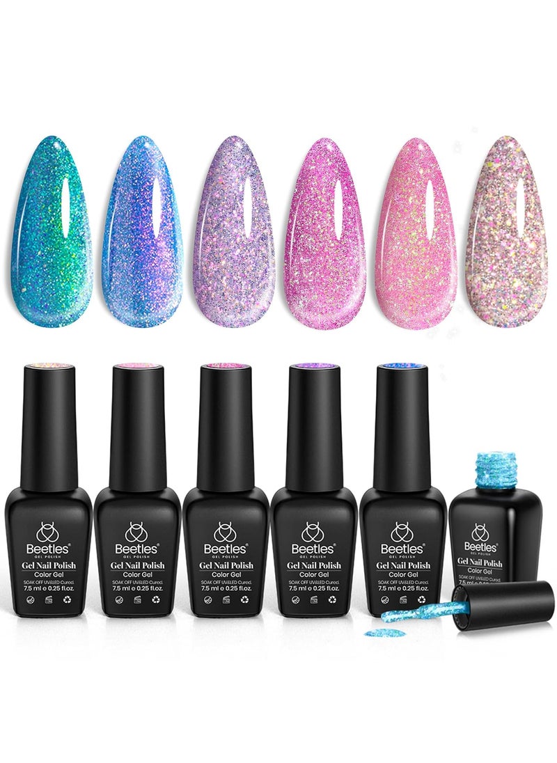 beetles Gel Polish Beetles Glitter Gel Nail Polish 6 Colors Sparkle Pink Purple Blue Gel Polish Kit Chameleon Crushed Diamond Multifunction Soak off Uv Nail Gel DIY Manicure 