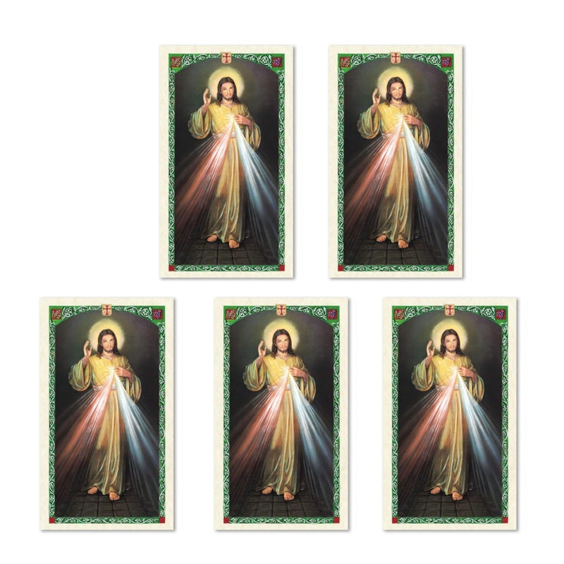 H HOLLY LINES Holly Lines Five-Pack Divine Mercy Image Laminated Holy Cards with Full Chaplet, Pack of Five Detailed Color Divine Mercy Holy Prayer Cards with St. Faustinas Chaplet Prayer for Religious Gifts - Image 1
