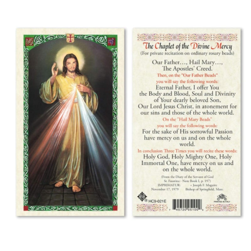 H HOLLY LINES Holly Lines Five-Pack Divine Mercy Image Laminated Holy Cards with Full Chaplet, Pack of Five Detailed Color Divine Mercy Holy Prayer Cards with St. Faustinas Chaplet Prayer for Religious Gifts - Image 2