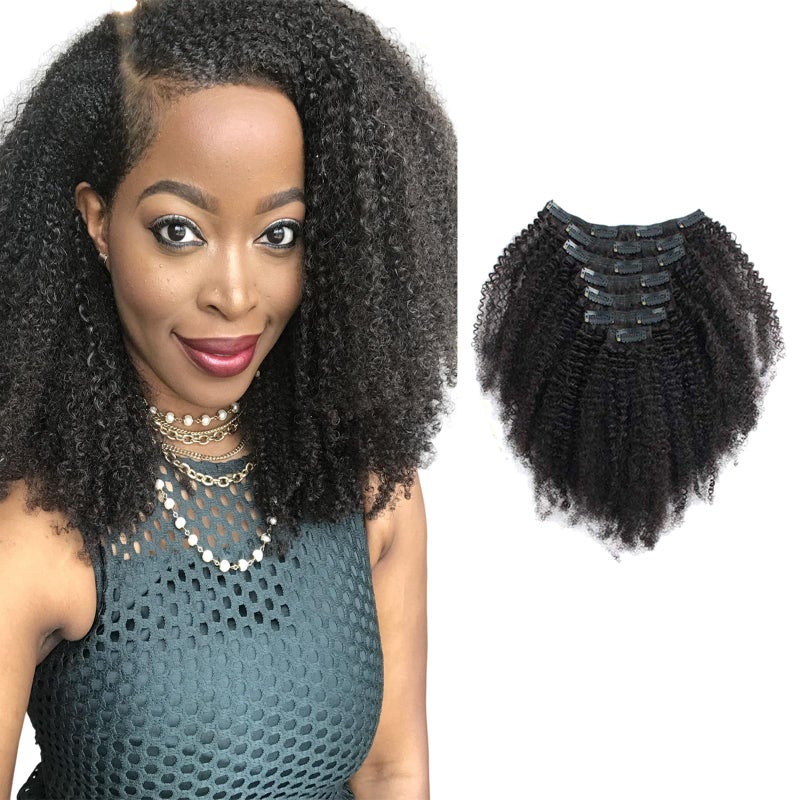 Sassina Double Weft Remy Human Hair Brazilian Afro Kinky Curly Clip in Human Hair Extensions Thick Soft Human Hair for Black Women 120 Grams 7 Pieces With 17 Clips 20 Inch