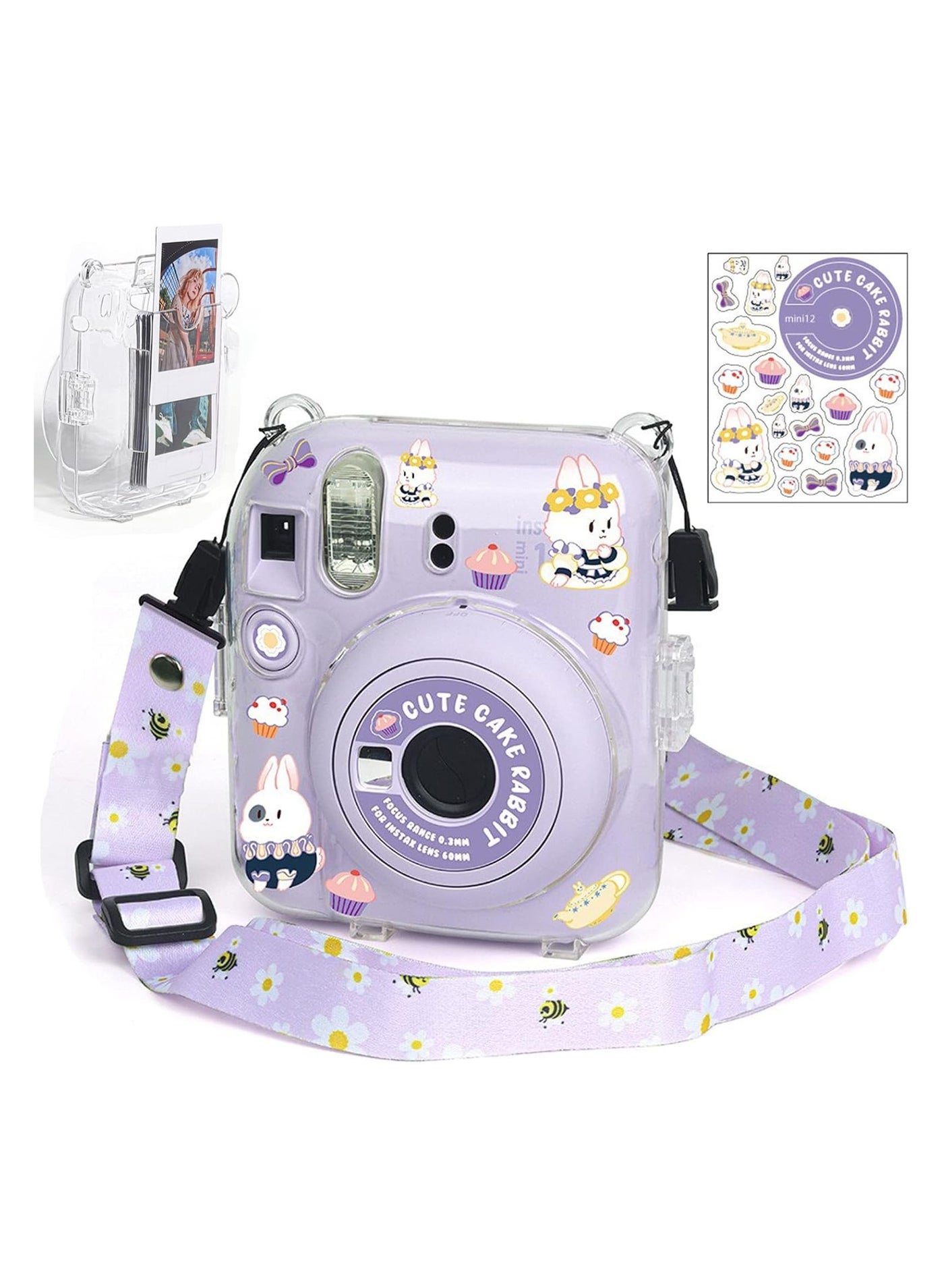Clear Case Storage Case Compatible with Fujifilm Instax Mini 12 Instant Camera Accessories with Films Pocket Photo Holder,Sticker Decal and Adjustable Shoulder Strap