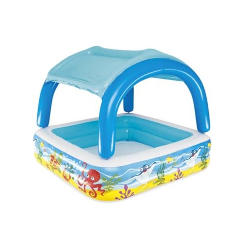 Inflatable Baby Pool with Canopy, 1.40m x 1.40m x 1.14m, Sea Creatures - Image 1