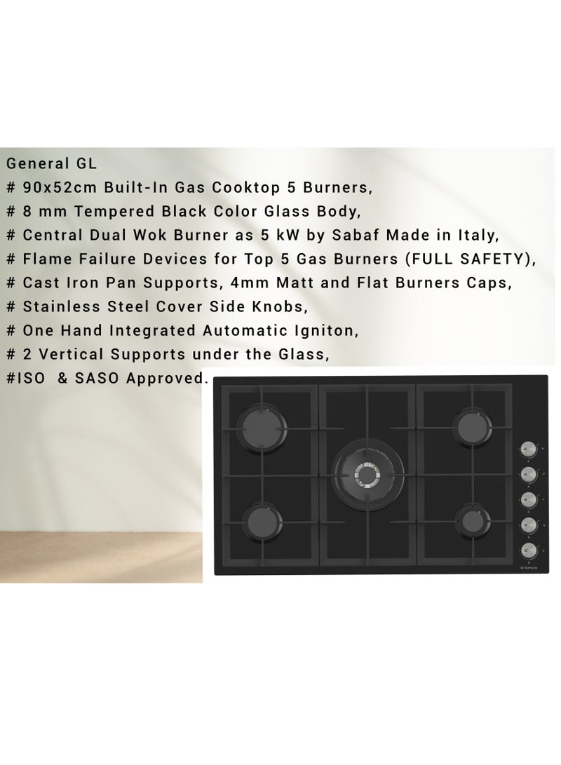 GL General Black Built In Glass 5 Burner Cooker, 90x52cm, Total Safety, Auto ignition,  Cast iron pan support, High Quality Material - Image 3
