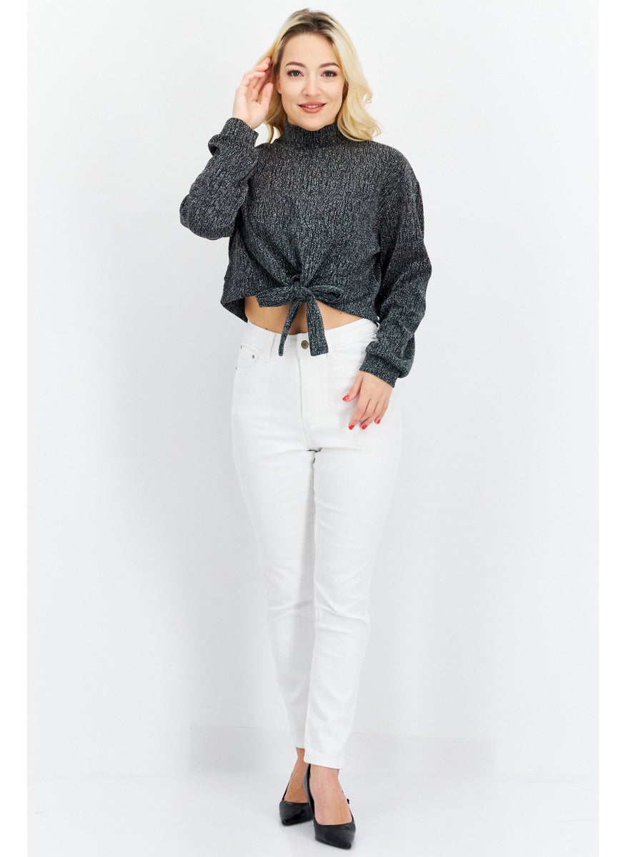 Sage The Label - Women High Neck Long Sleeves Metallic Cropped Top, Silver Combo - Image 1
