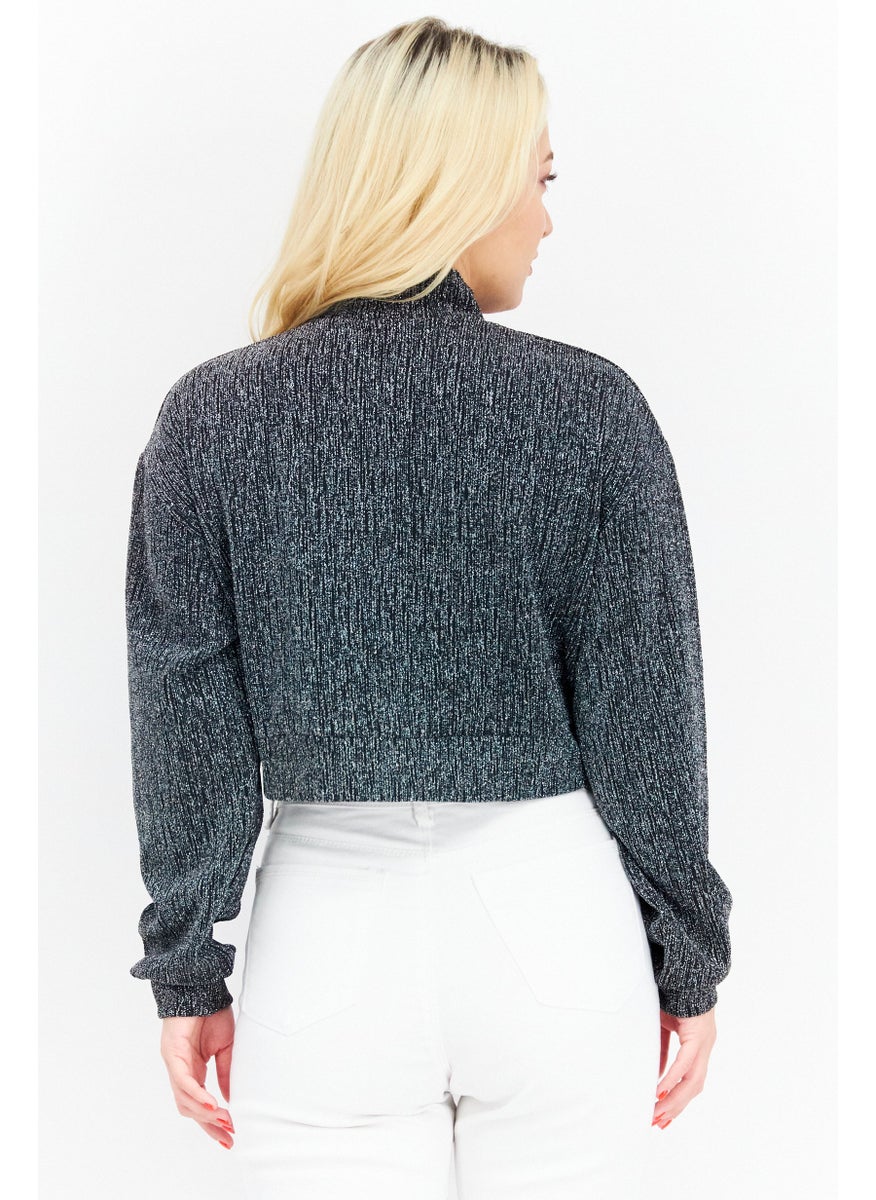 Sage The Label - Women High Neck Long Sleeves Metallic Cropped Top, Silver Combo - Image 1