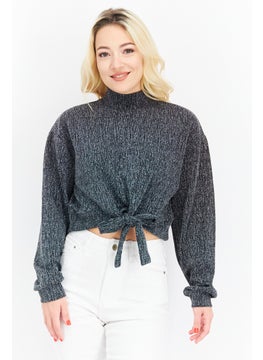 Women High Neck Long Sleeves Metallic Cropped Top, Silver Combo