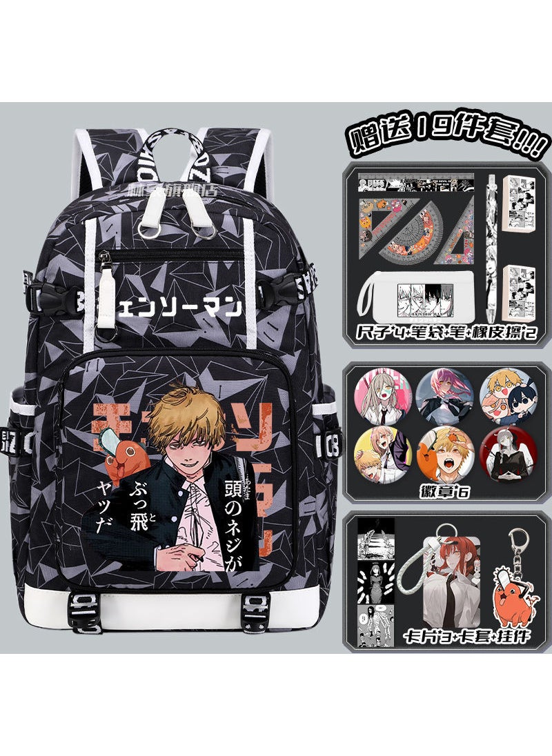 Generic - Electric Saw Man Boys Japanese Anime Joint Style Backpack Large Capacity School Bag For Middle High School Students Grey B -15-piece set - Image 1