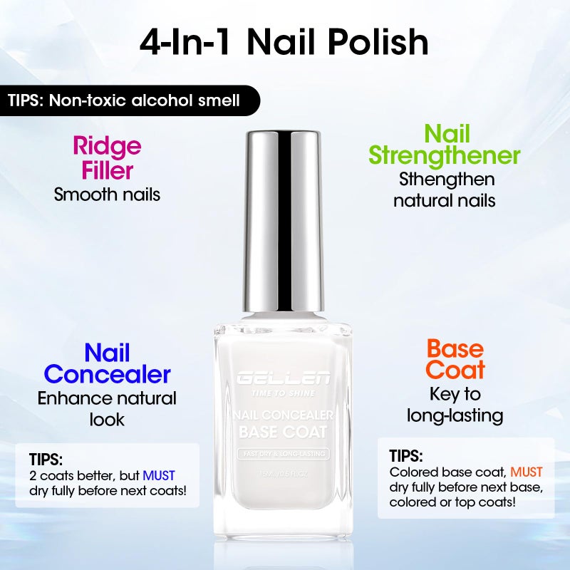 GELLEN 4-In-1 Illuminating Nail Concealer Base Coat Nail Polish Sheer Milky White | Quick Air Dry Calcium-Formula Regular Nail Polish Smooth Strengthen Natural Nails, Not UV Gel | Toxin TPO HEMA Free - Image 3