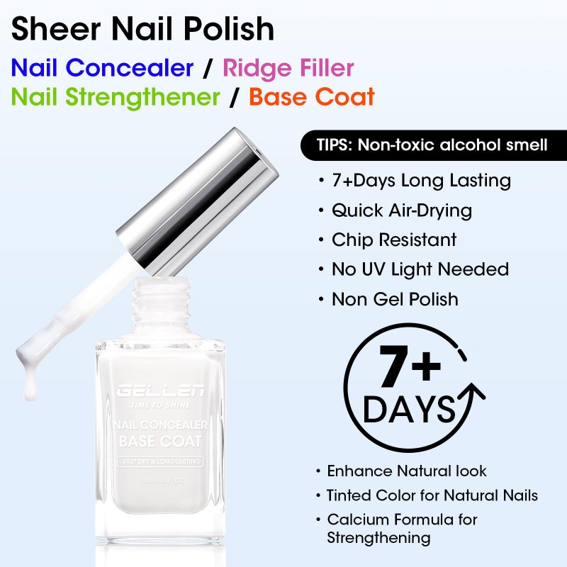 GELLEN 4-In-1 Illuminating Nail Concealer Base Coat Nail Polish Sheer Milky White | Quick Air Dry Calcium-Formula Regular Nail Polish Smooth Strengthen Natural Nails, Not UV Gel | Toxin TPO HEMA Free - Image 2