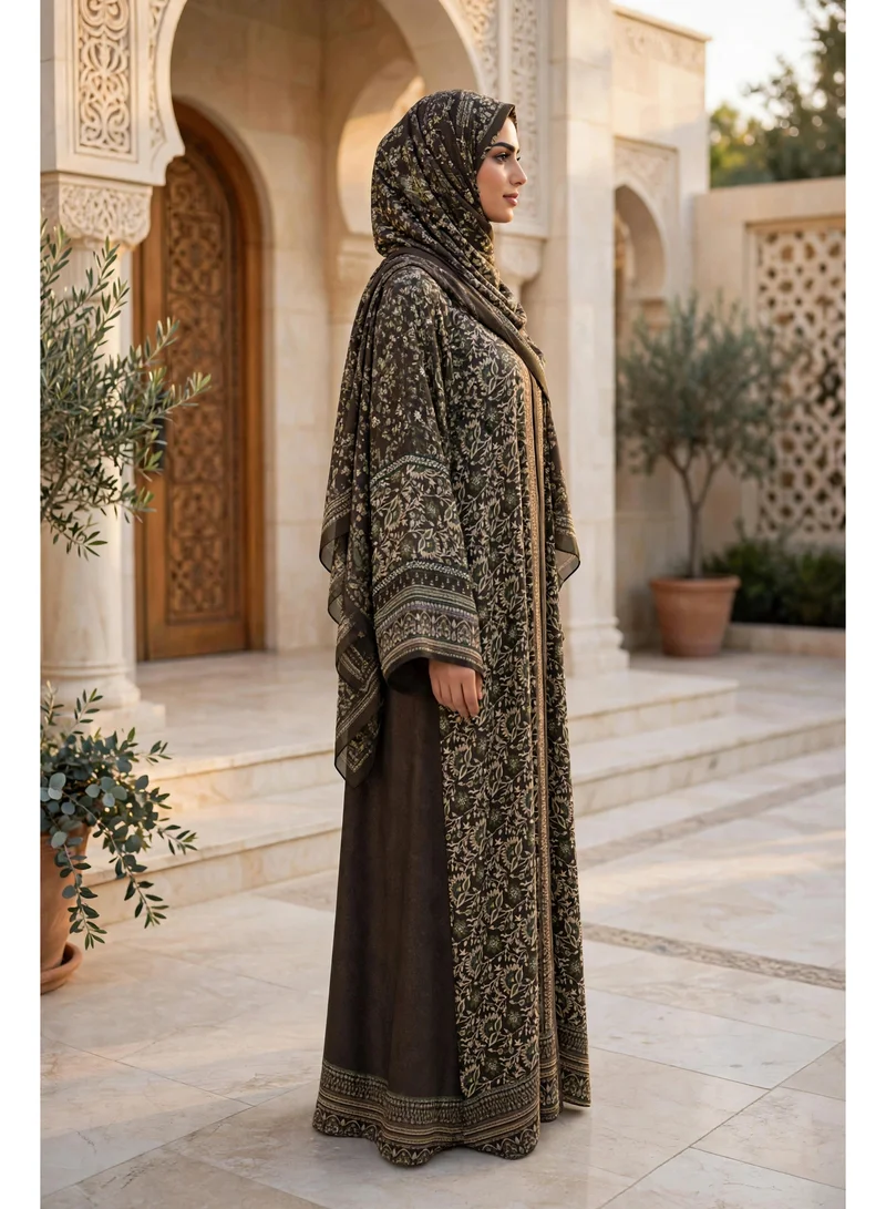 Ikkxa  Botanical Vine Printed Open Front A Line Abaya for Women | Best Price UAE