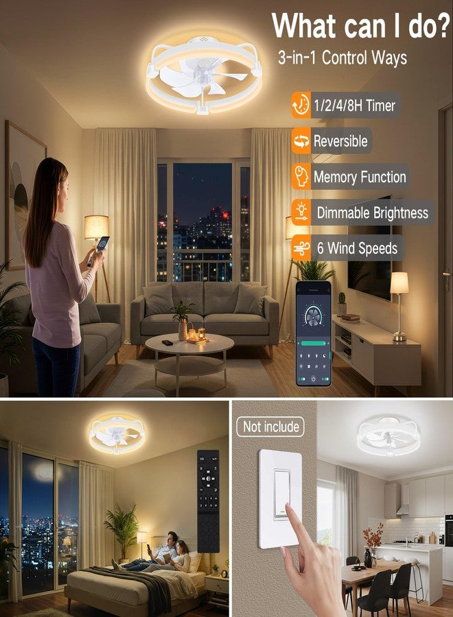 OUTON 20 Inch Ceiling Fan with Light, Remote & App Control, Fandelier Low Profile Flush Mount Ceiling Fan with 3000K-6500K Stepless Dimmable, 6 Speed, Quiet DC Motor, Modern Ceiling Fans for Bedroom - Image 3
