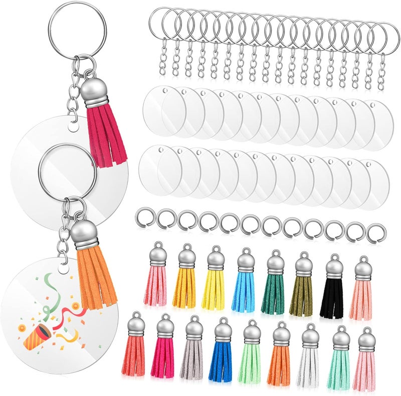 Uonlytech 120 Pcs Acrylic Keyring Blanks with Random Color Tassels for DIY Crafts Round Acrylic Pendants with Jump Rings for Keychain Making and Personalization - Image 1