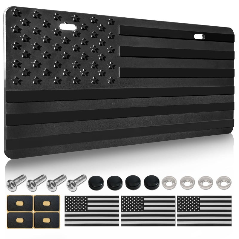 FBJTDQ American Flag Front Bumper License Plate - Black Plastic Plates with 3D Embossed Patriotic Decor for Cars with Screws - Image 1