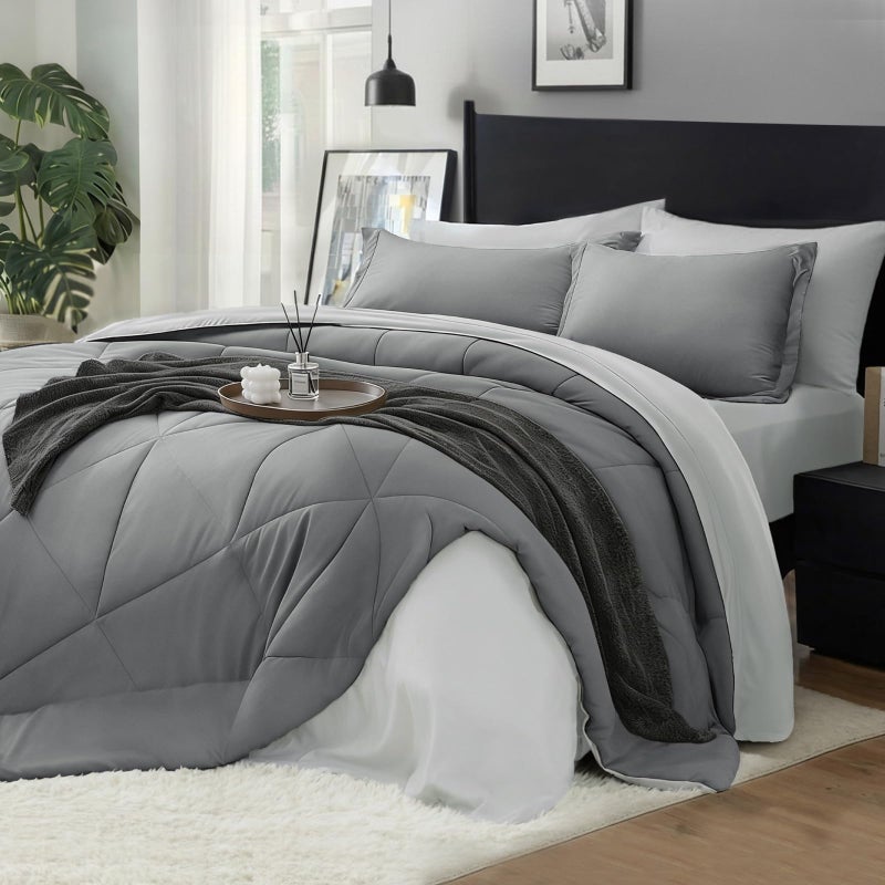 BEDELITE Queen Comforter Set 7 Pieces Bed in A Bag - Soft Microfiber Reversible Grey Bed Set with Comforters, Sheets, Pillowcases & Shams, Cozy Luxury Bedding Sets for All Season - Image 1