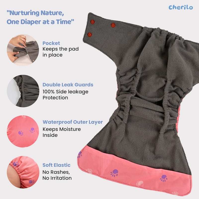 Cherilo Reusable Cloth Diaper for New Born Baby 0 to 3 years, Leakproof, Washable Cloth Diapers, No Side Leakage, Adjustable Free Size Pocket Diaper (Baby Paw Pattern Diaper + 1 Insert) - Image 4