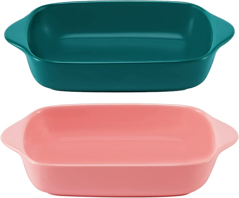 Trifecta Ceramics baking dish Matte-colored rectangular casserole dish with Handle for Oven Ceramic Baking Pan Lasagna Casserole Pan Individual Bakeware 9x5 inch (Pink And Green Pack - 2) - Image 1