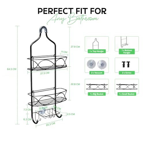 MIORAH Hanging Shower Caddy for Bathroom Aluminium | Bathroom Organiser Without Drill | Bathroom Accessories Storage Organizer Black - Image 2